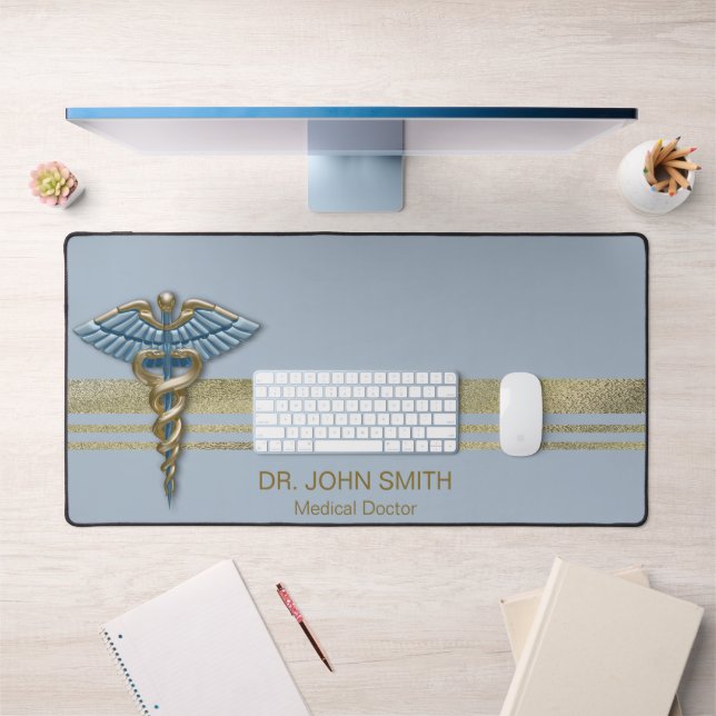 Light Blue Caduceus Medical Faux Gold Foil Stripes Desk Mat (Office 1)