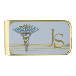 Light Blue Caduceus Medical Faux Gold Foil Stripes Finish Money Clip