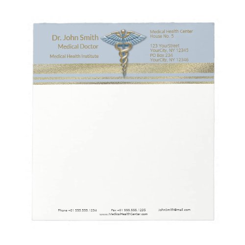 Light Blue Caduceus Medical Faux Gold Foil Stripes Notepad