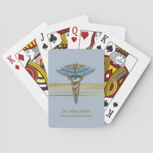 Light Blue Caduceus Medical Gold Foil Faux Stripes Poker Cards