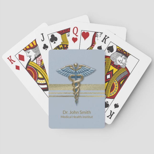 Light Blue Caduceus Medical Gold Foil Faux Stripes Poker Cards (Back)