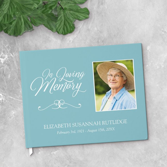 Light Blue Calligraphy In Loving Memory Photo Guest Book (Creator Uploaded)