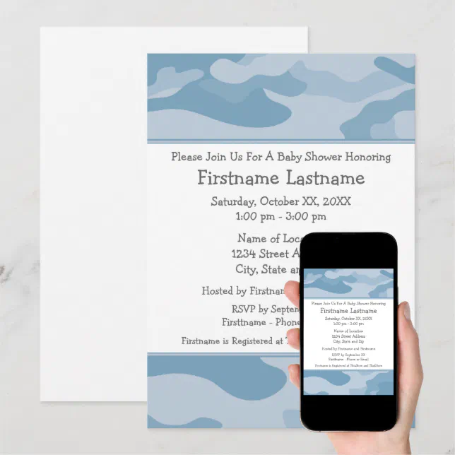 Light Blue Camo Boy Baby Shower Party - Invitation | Zazzle
