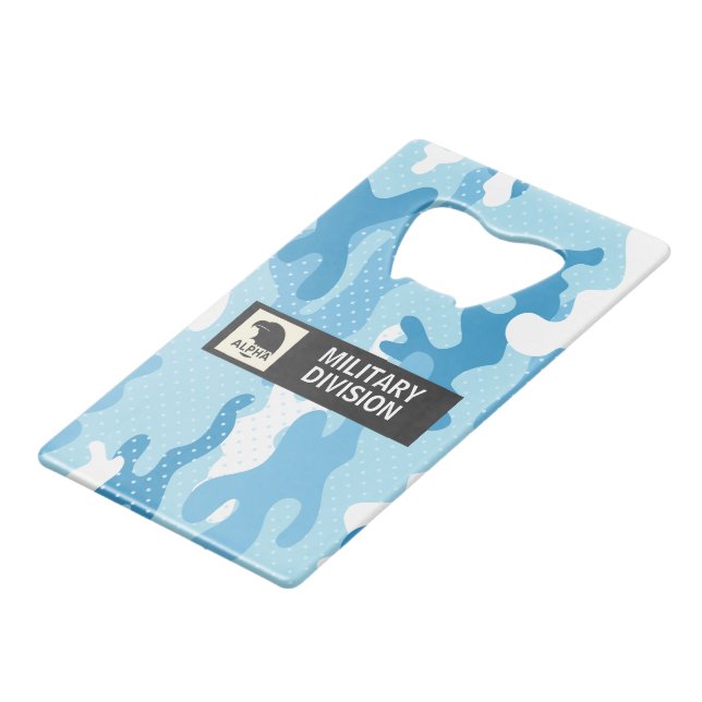 Light Blue Camouflage Polka Dot Pattern Credit Card Bottle Opener (Front Angled)