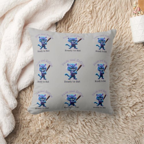 Light Blue Cat with Baseball Bat Throw Pillow