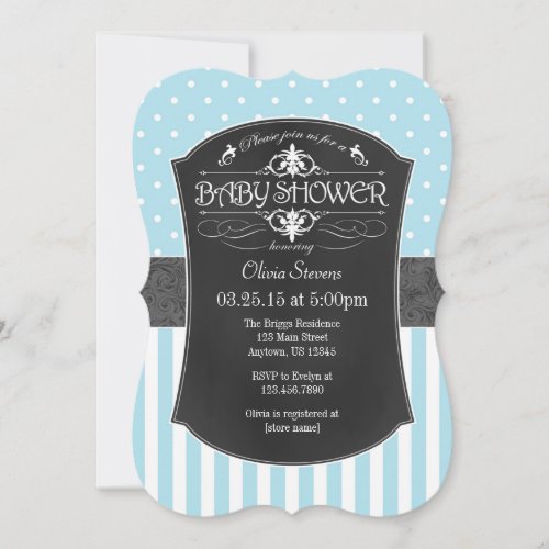 Light Blue Chalkboard Stripes Baby Shower Invite