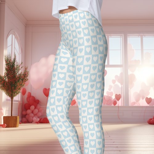 Light Blue Checkerboard Heart Valentine'S Leggings