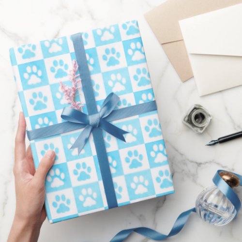 Light Blue Checkered Paw Prints Pattern Wrapping Paper