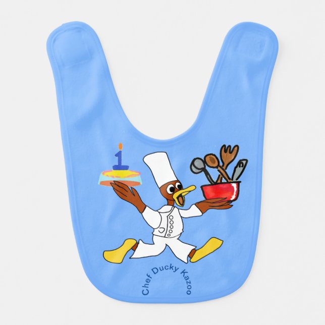 Light Blue Chef Ducky Kazoo Baby Bib (Front)