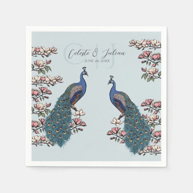 Light Blue Chic Teal Peacock Wedding Napkins (Front)