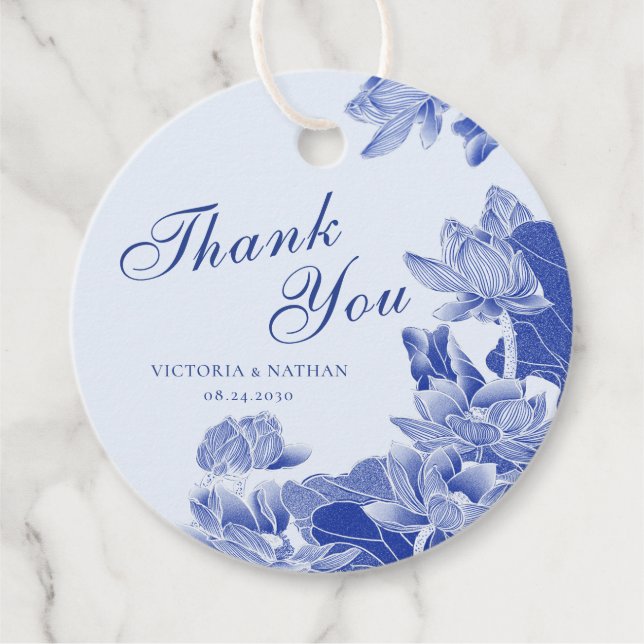 Light Blue Chinoiserie Floral Wedding Thank You Favor Tags (Front)