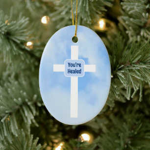 Light Blue Christian Cross Bible Verse Healing  Ceramic Ornament