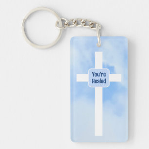 Light Blue Christian Cross Bible Verse Healing Keychain