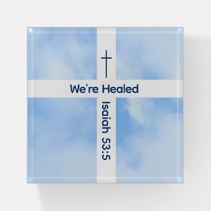 Light Blue Christian Cross Bible Verse Healing Paperweight