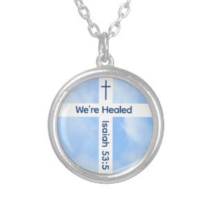 Light Blue Christian Cross Bible Verse Healing Silver Plated Necklace