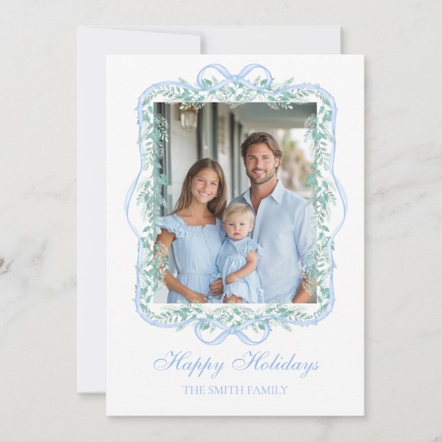 Light Blue Christmas Greenery Grandmillennial Holiday Card (Front)