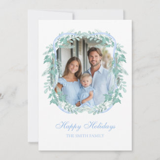 Light Blue Christmas Greenery Wreath Holiday Card
