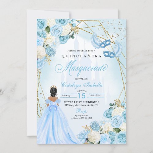 Light Blue Cinderella Masquerade Quinceanera Invitation