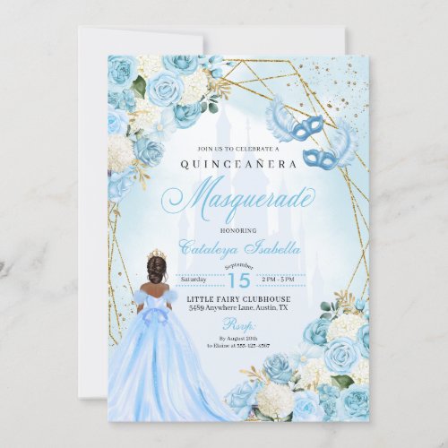 Light Blue Cinderella Masquerade Quinceanera Invitation