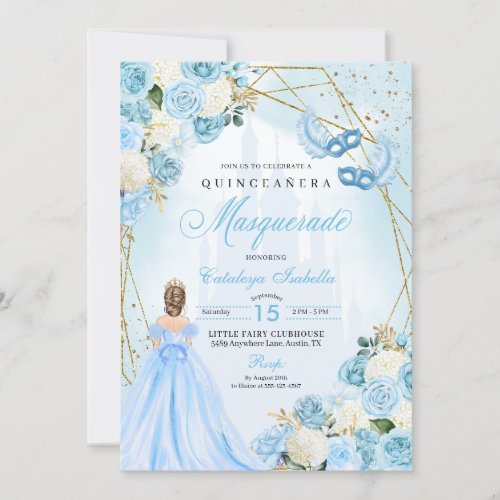 Light Blue Cinderella Masquerade Quinceanera Invitation