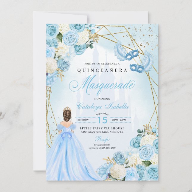 Light Blue Cinderella Masquerade Quinceanera Invitation (Front)