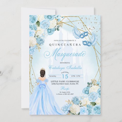 Light Blue Cinderella Masquerade Quinceanera Invitation