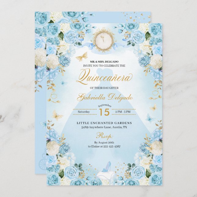 Light Blue Cinderella Princess Dress Quinceanera Invitation (Front/Back)