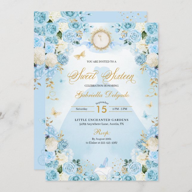 Light Blue Cinderella Princess Dress Sweet 16 Invitation (Front/Back)