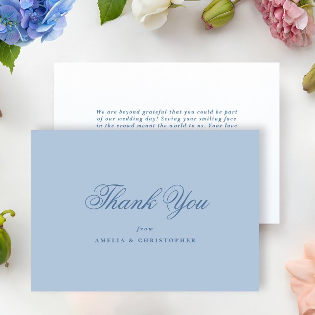 Light Blue Classic Wedding Thank You Card (periwinkle blue classic wedding thank you card with old style script)