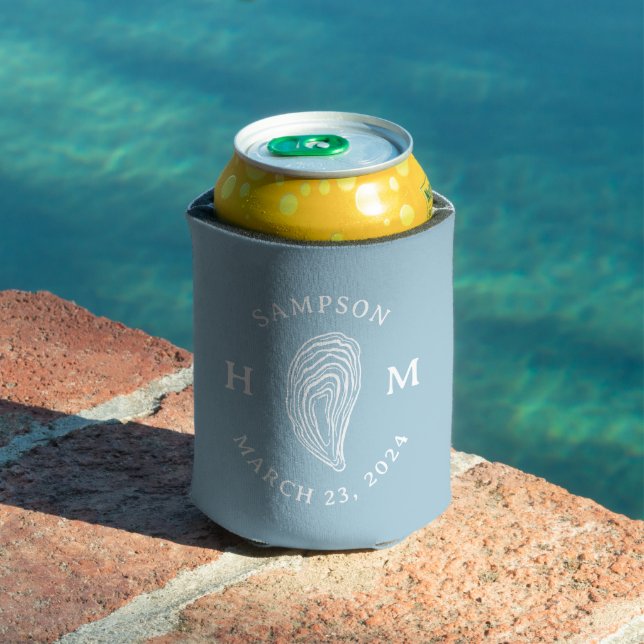  Light Blue Coastal Oyster Monogram Wedding Favor Can Cooler (In Situ Pool)