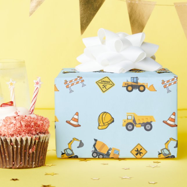 Light Blue Construction Birthday  Wrapping Paper (Birthday Party)