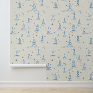 Light Blue & Cream Lighthouse Coastal Toile Wallpaper