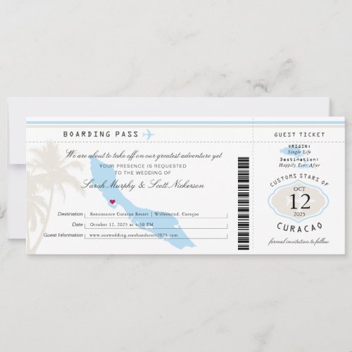Light Blue Cream Wedding Boarding Pass to Curacao Save The Date