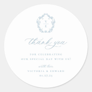 Light Blue Crest Monogram Wedding Thank You Classic Round Sticker