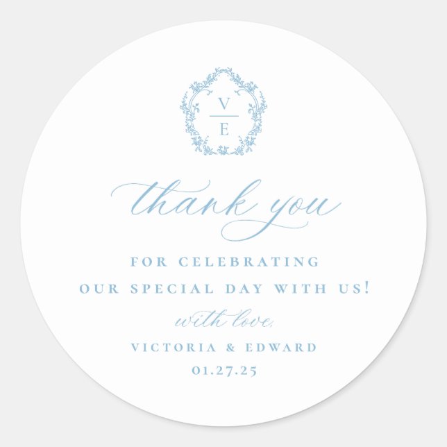 Light Blue Crest Monogram Wedding Thank You Classic Round Sticker (Front)