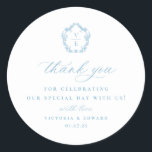 Light Blue Crest Monogram Wedding Thank You Classic Round Sticker<br><div class="desc">Vintage Light Sky Blue Monogram Crest,  wedding favor thank you sticker.</div>