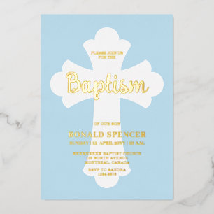 Light Blue Cross Baptism invitation Gold Foil Invitation