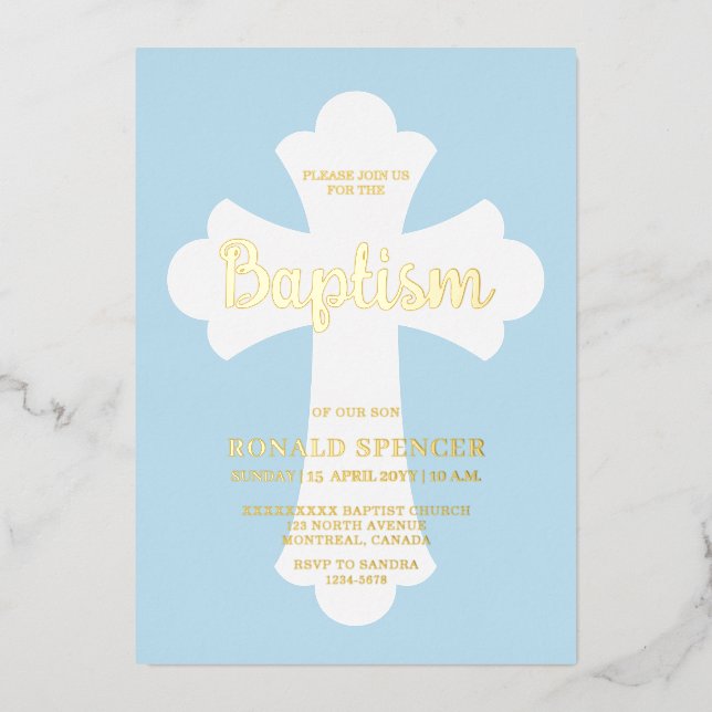 Light Blue Cross Baptism invitation Gold  Foil Invitation (Front)