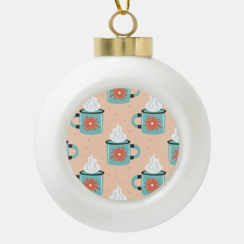 Light Blue Cup Seamless Pattern Ceramic Ball Christmas Ornament