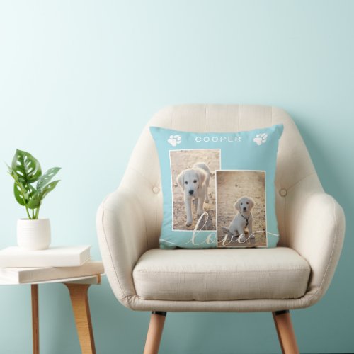 Light Blue Custom Photo With Name  Love Text Throw Pillow