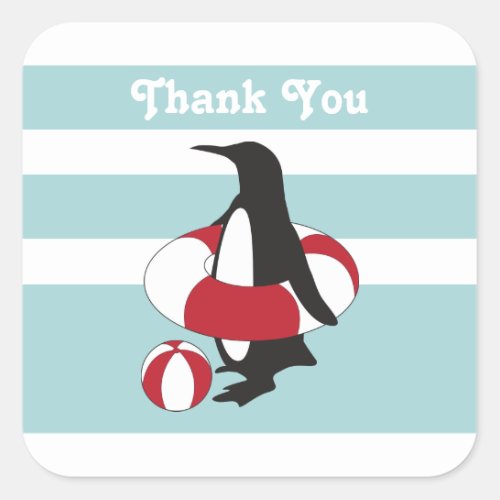 Light Blue Cute Cartoon Penguin Kids Thank You Square Sticker