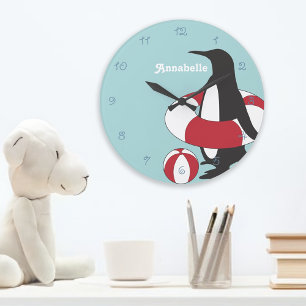 Light Blue Cute Cartoon Penguin Swimming Kids Large Clock