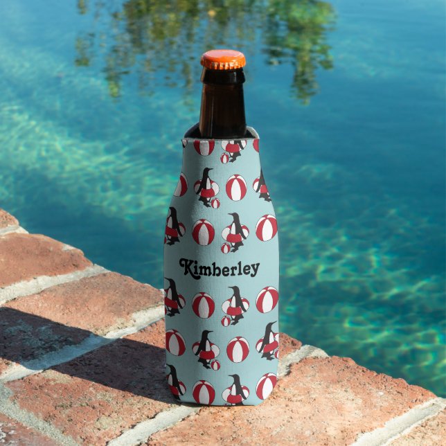 Light Blue Cute Cartoon Penguin Swimming Kids Name Bottle Cooler (In Situ Pool)