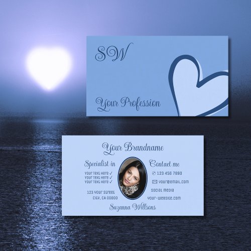 Light Blue Cute Heart Chic with Monogram and Photo Business Card
