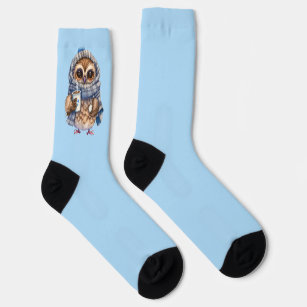 light blue Cute Owl  drinking chocolate socks