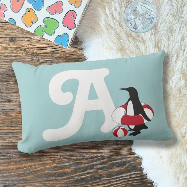 Light Blue Cute Penguin Swimming Kids Monogram Lumbar Pillow (Creator Uploaded)