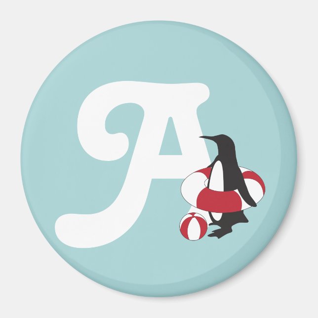 Light Blue Cute Penguin Swimming Kids Monogram Magnet (Front)