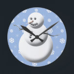 Light Blue Cute Snowman Winter Holiday Christmas Round Clock<br><div class="desc">Festive winter snowman on blue background with falling snowflakes. Makes for a great addition to any seasonal decor. Also makes for a unique Christmas gift!</div>