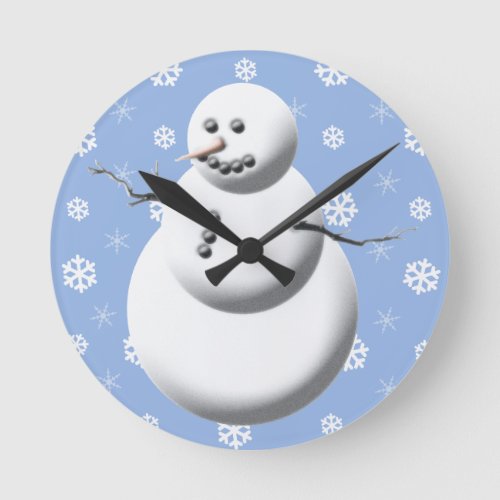 Light Blue Cute Snowman Winter Holiday Christmas Round Clock