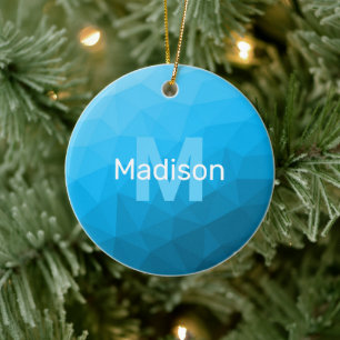 Light blue cyan geometric mesh pattern Monogram Ceramic Ornament
